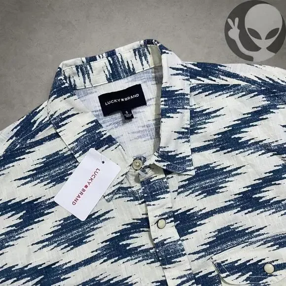 NWT Lucky Brand Men's Button Up Shirt Small Ivory Blue Tribal Preppy Summer - Picture 1 of 6